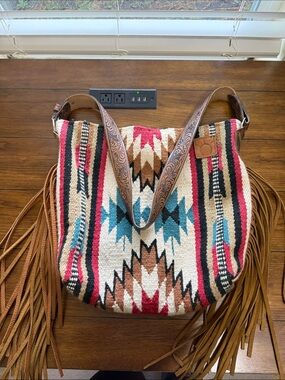 Sweetgrass Leather Aztec Saddle Blanket Fringe Bag